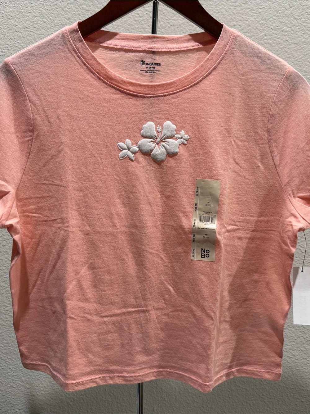 No Boundaries Peach Pink Short Sleeve Tee with White Floral Embroidery